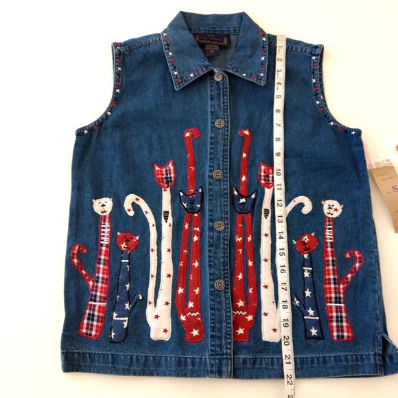 LIFE STYLE Vest Women's S Blue Denim Embroidered Cats Applique Button - Picture 14 of 14